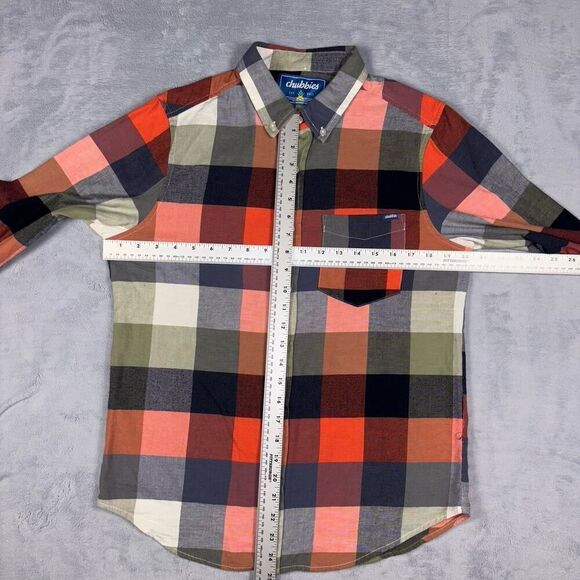 Chubbies Plaid Button Front Flannel Shirt Men's Size Medium Grey Orange Olive - Picture 4 of 6